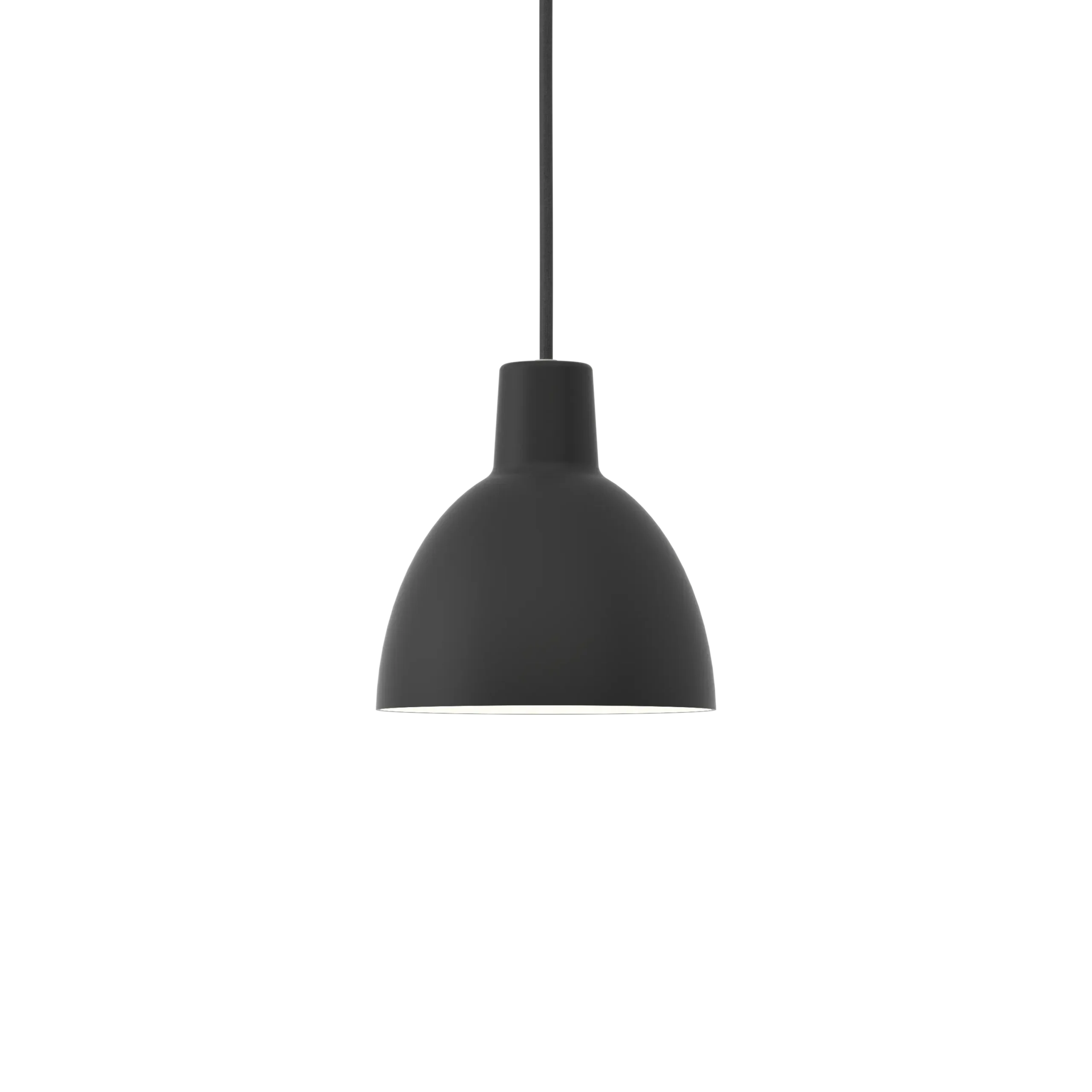 Louis Poulsen Toldbod 170 pendant lamp in black, mid scale bell shaped shade with short cylindrical neck, frontal view.