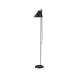 Louis Poulsen Yuh floor lamp in black, slim metal stem with adjustable conical shade on a small circular base, full length product view.