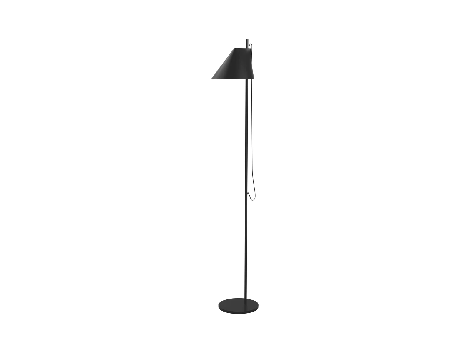 Louis Poulsen Yuh floor lamp in black, slim metal stem with adjustable conical shade on a small circular base, full length product view.