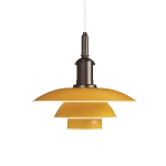 Louis Poulsen PH 3½-3 Colour Pendant lamp, three layered PH shades in yellow with dark bronze socket housing and white cord, slightly elevated frontal view.