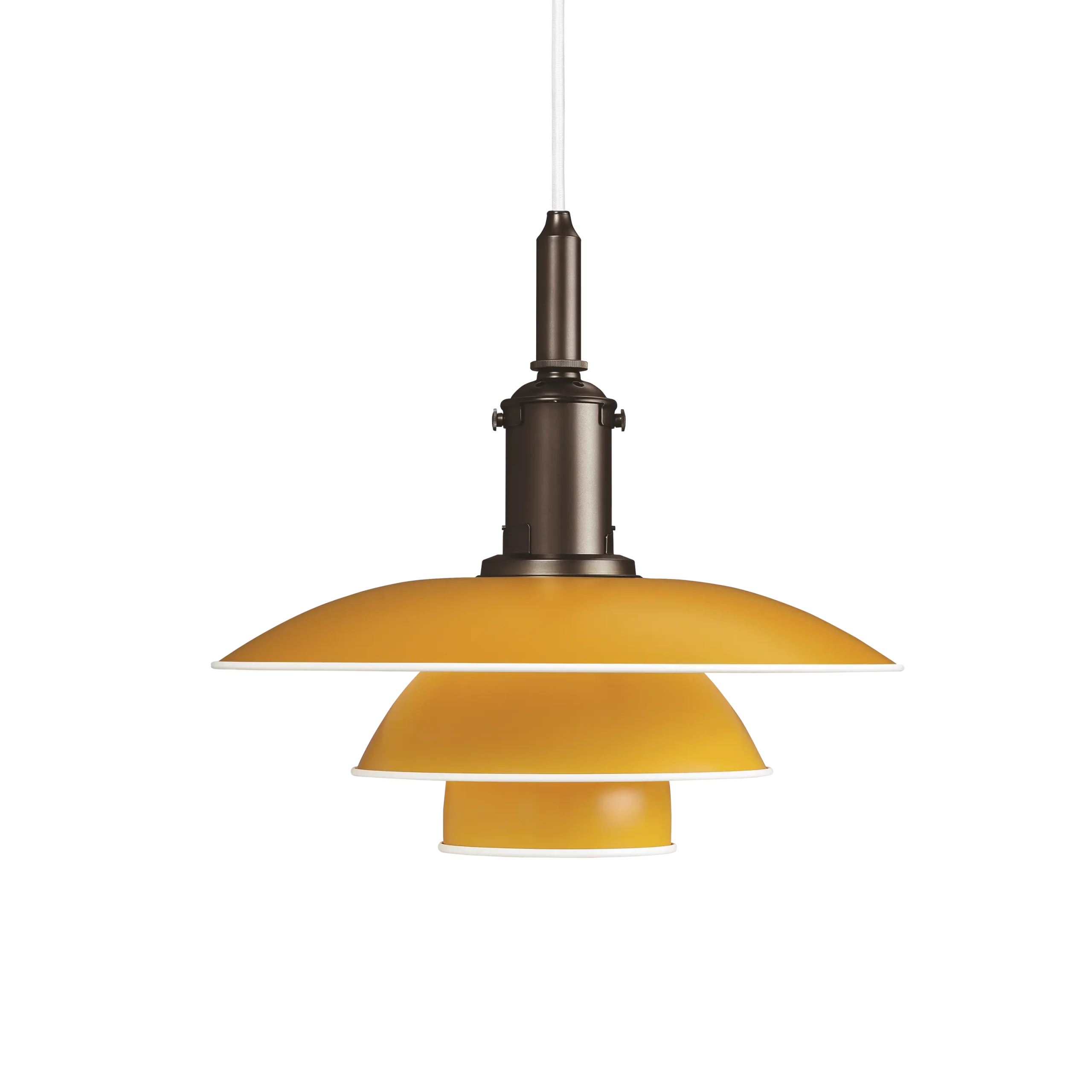 Louis Poulsen PH 3½-3 Colour Pendant lamp, three layered PH shades in yellow with dark bronze socket housing and white cord, slightly elevated frontal view.
