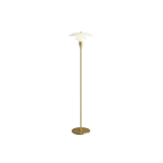 Louis Poulsen PH 3½-2½ Floor lamp with brass stem and flat circular brass base, three layered white shades, full length side view.