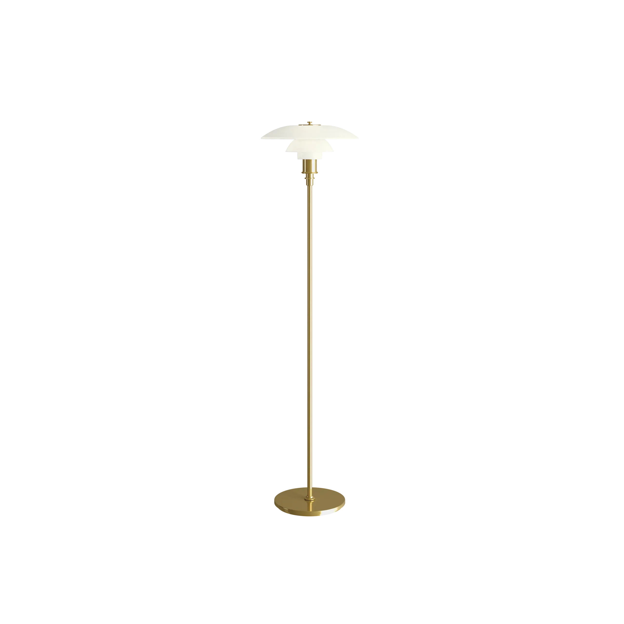 Louis Poulsen PH 3½-2½ Floor lamp with brass stem and flat circular brass base, three layered white shades, full length side view.