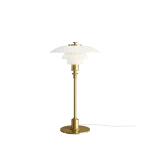 Louis Poulsen PH 2/1 table lamp, three tier white opal glass shade in classic PH profile on a slim brass stem with circular brass base, three quarter view.