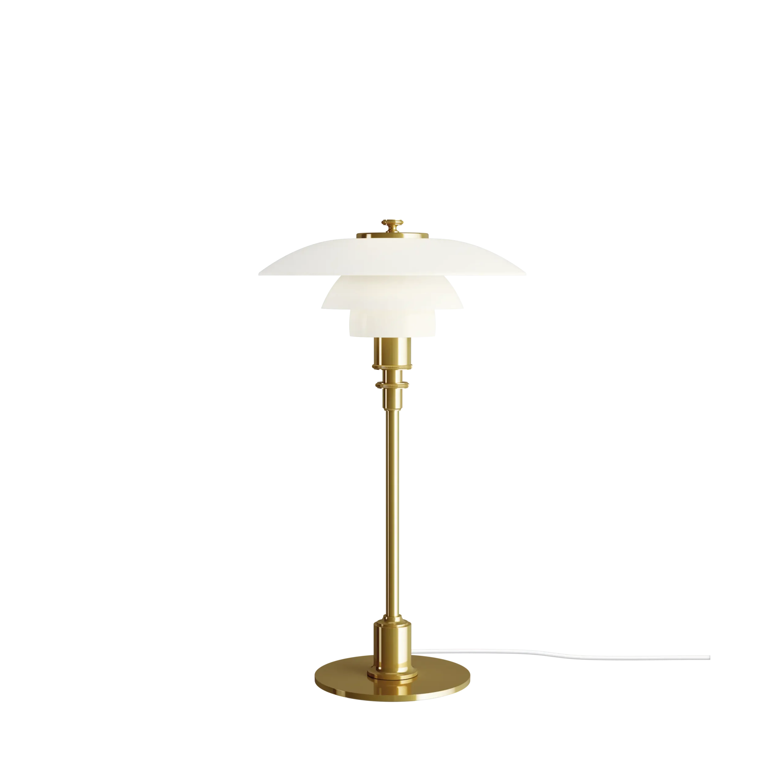 Louis Poulsen PH 2/1 table lamp, three tier white opal glass shade in classic PH profile on a slim brass stem with circular brass base, three quarter view.