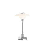 Louis Poulsen PH 2/1 Portable rechargeable table lamp, three tier white opal glass shade on a polished chrome stem with circular chrome base, three quarter view.