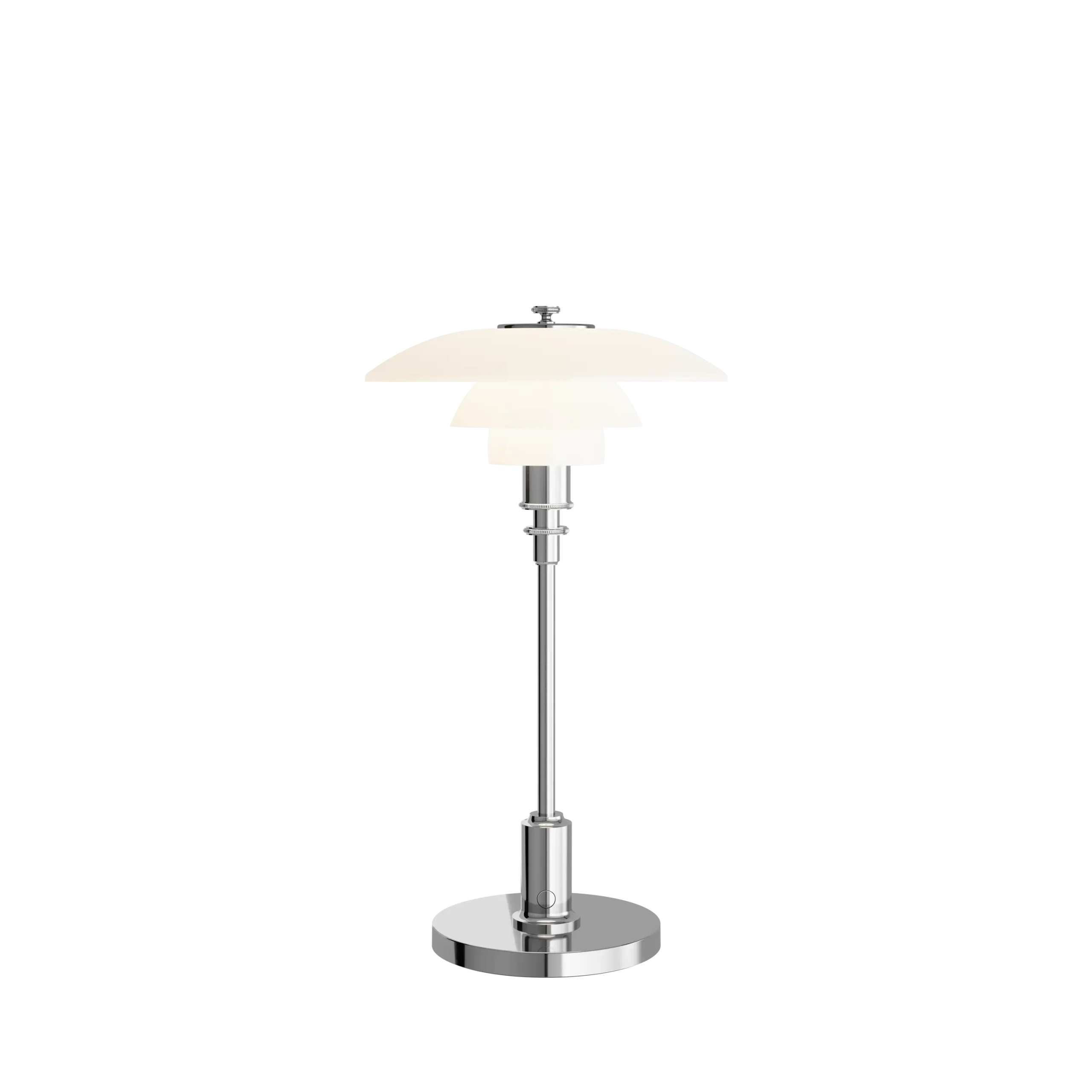 Louis Poulsen PH 2/1 Portable rechargeable table lamp, three tier white opal glass shade on a polished chrome stem with circular chrome base, three quarter view.