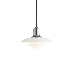 Louis Poulsen PH 2/1 pendant lamp in white, three tier shade in the classic PH profile, side view.