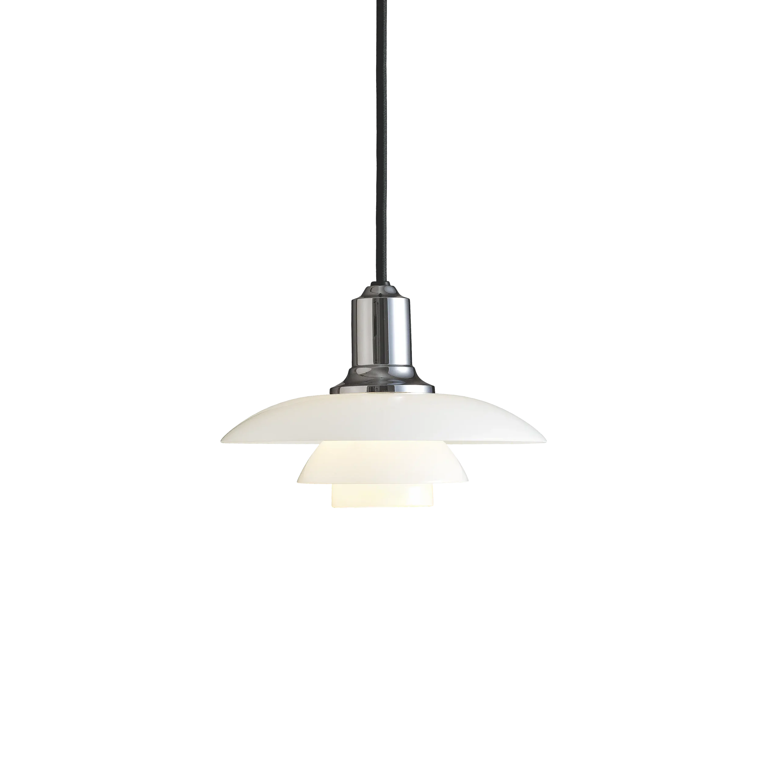 Louis Poulsen PH 2/1 pendant lamp in white, three tier shade in the classic PH profile, side view.