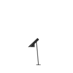 Louis Poulsen AJ Garden outdoor stake lamp in black, angled conical shade atop a slim vertical stake with a small circular ground anchor, side view.