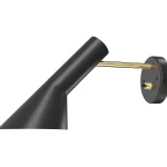 Louis Poulsen AJ wall lamp in black, angled conical shade on a horizontal brass arm extending from a circular wall plate, side view.