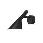 Louis Poulsen AJ 50 Wall Outdoor lamp in black, 50 centimeter angled cone shade on a horizontal arm extending from a circular wall plate, side view.