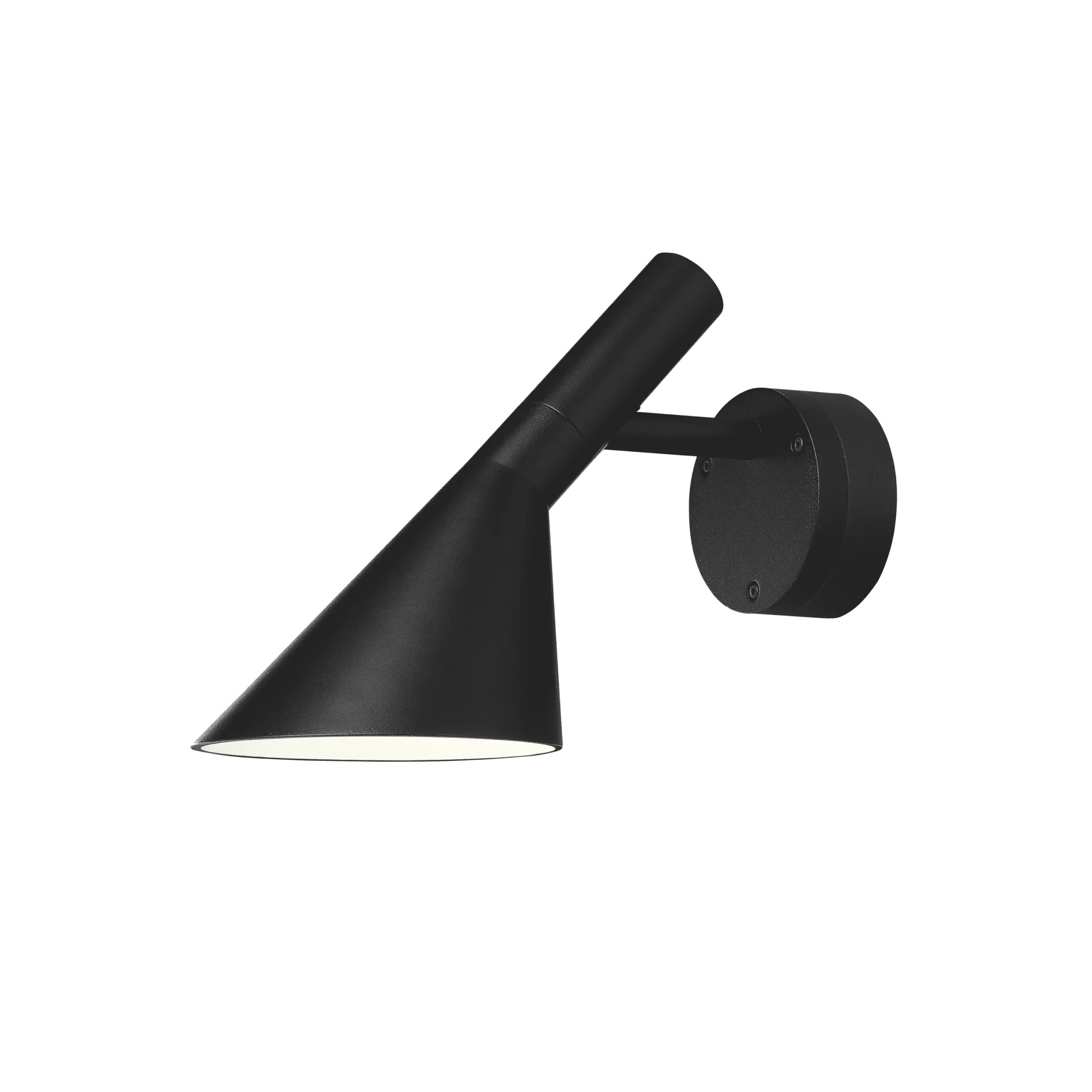 Louis Poulsen AJ 50 Wall Outdoor lamp in black, 50 centimeter angled cone shade on a horizontal arm extending from a circular wall plate, side view.