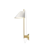 Louis Poulsen Yuh wall lamp with brass vertical stem, angled white conical shade, and a circular brass wall plate, side view.