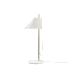 Louis Poulsen Yuh table lamp with brass stem, white angled conical shade, and a circular white marble base with visible veining, three quarter view.