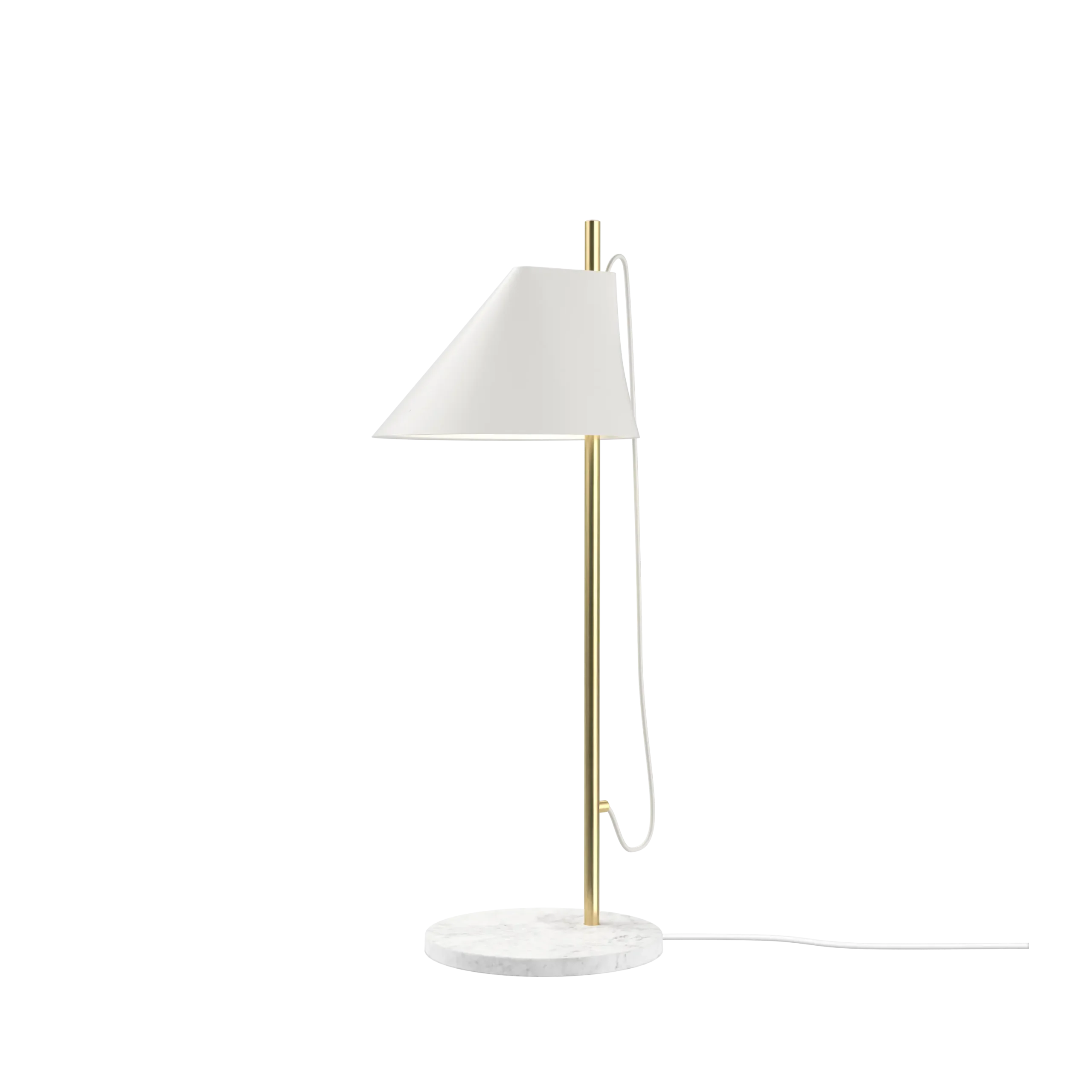 Louis Poulsen Yuh table lamp with brass stem, white angled conical shade, and a circular white marble base with visible veining, three quarter view.