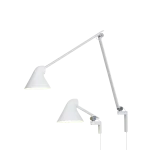 Louis Poulsen NJP wall lamp in white, slim articulated arm with an asymmetric sloped cone head extending from a small rectangular wall bracket, three quarter view.
