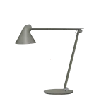 Louis Poulsen NJP table lamp in dark olive gray, slim articulated arm with an asymmetric sloped cone head on a small circular base, side product view.