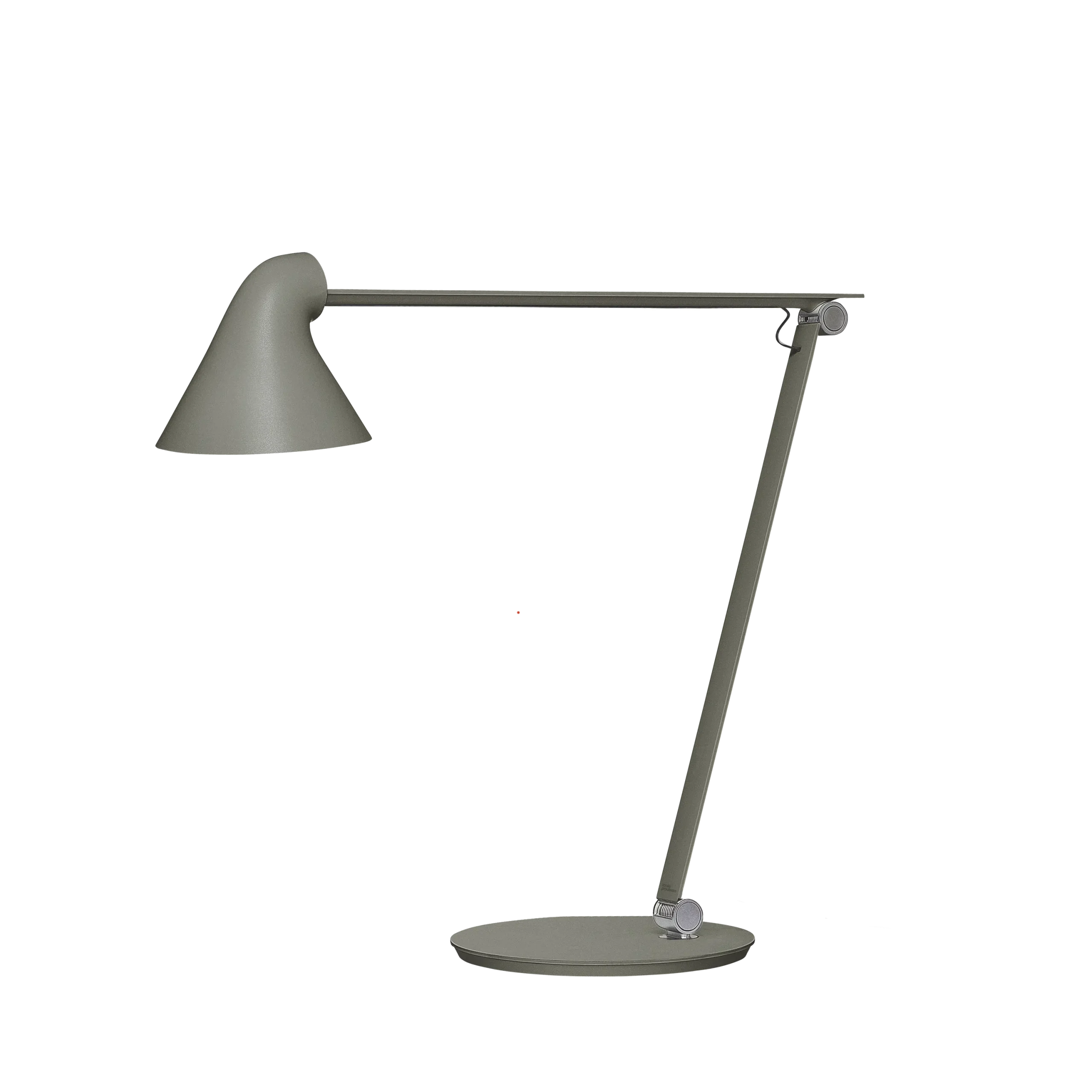Louis Poulsen NJP table lamp in dark olive gray, slim articulated arm with an asymmetric sloped cone head on a small circular base, side product view.