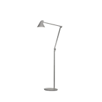 Louis Poulsen NJP floor lamp in light gray, slim articulated arm with an asymmetric sloped cone head on a circular base, full length view.
