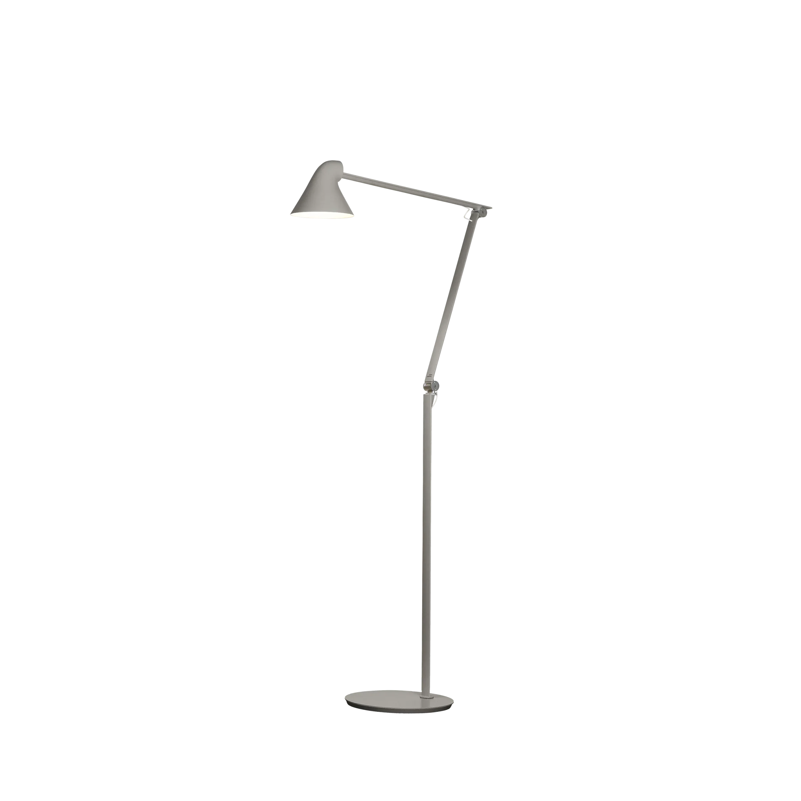 Louis Poulsen NJP floor lamp in light gray, slim articulated arm with an asymmetric sloped cone head on a circular base, full length view.