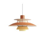 Louis Poulsen PH 5 Mini pendant lamp, smaller scale layered PH shades in a Hues colorway with orange top, cream, light blue, and yellow tiers, frontal view.