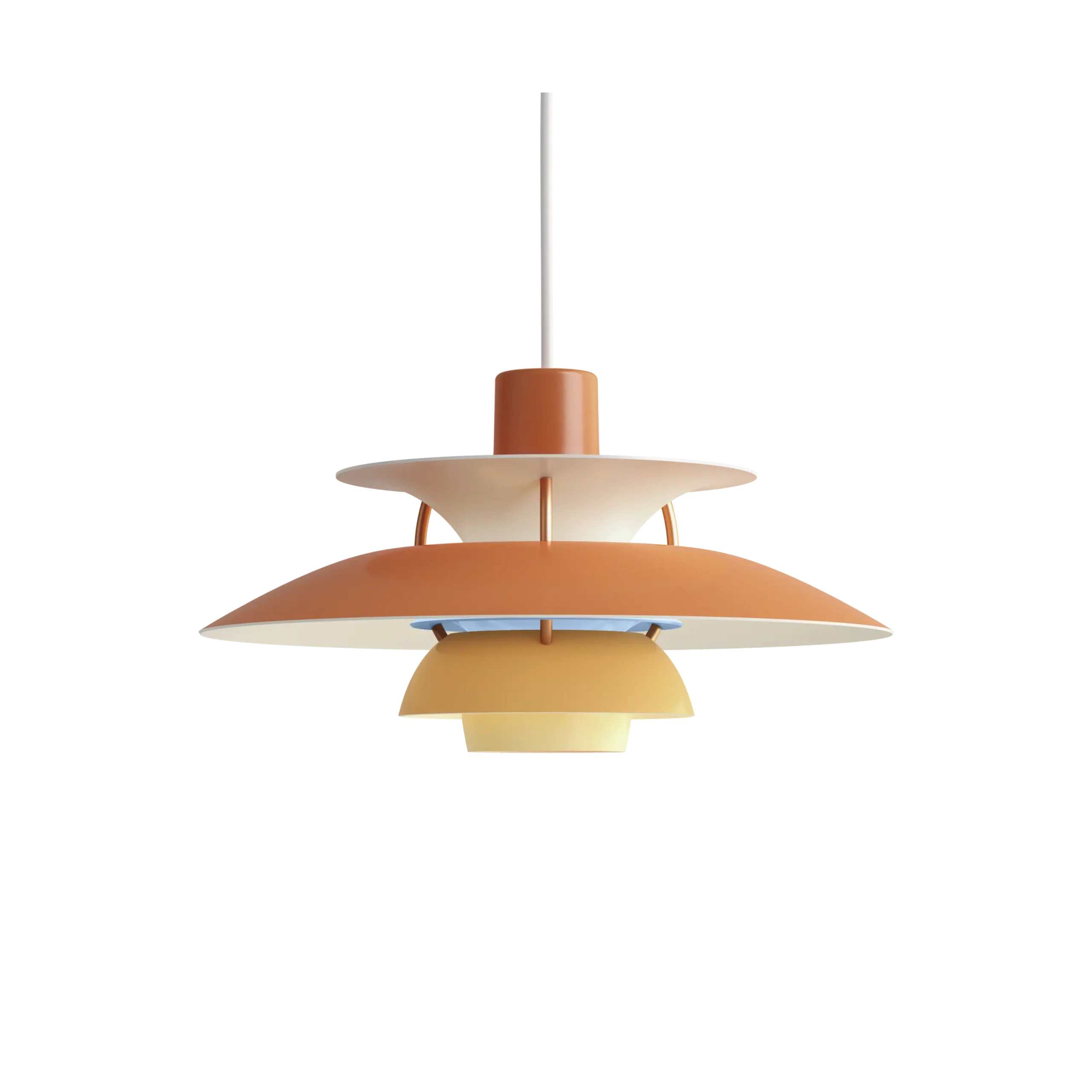 Louis Poulsen PH 5 Mini pendant lamp, smaller scale layered PH shades in a Hues colorway with orange top, cream, light blue, and yellow tiers, frontal view.