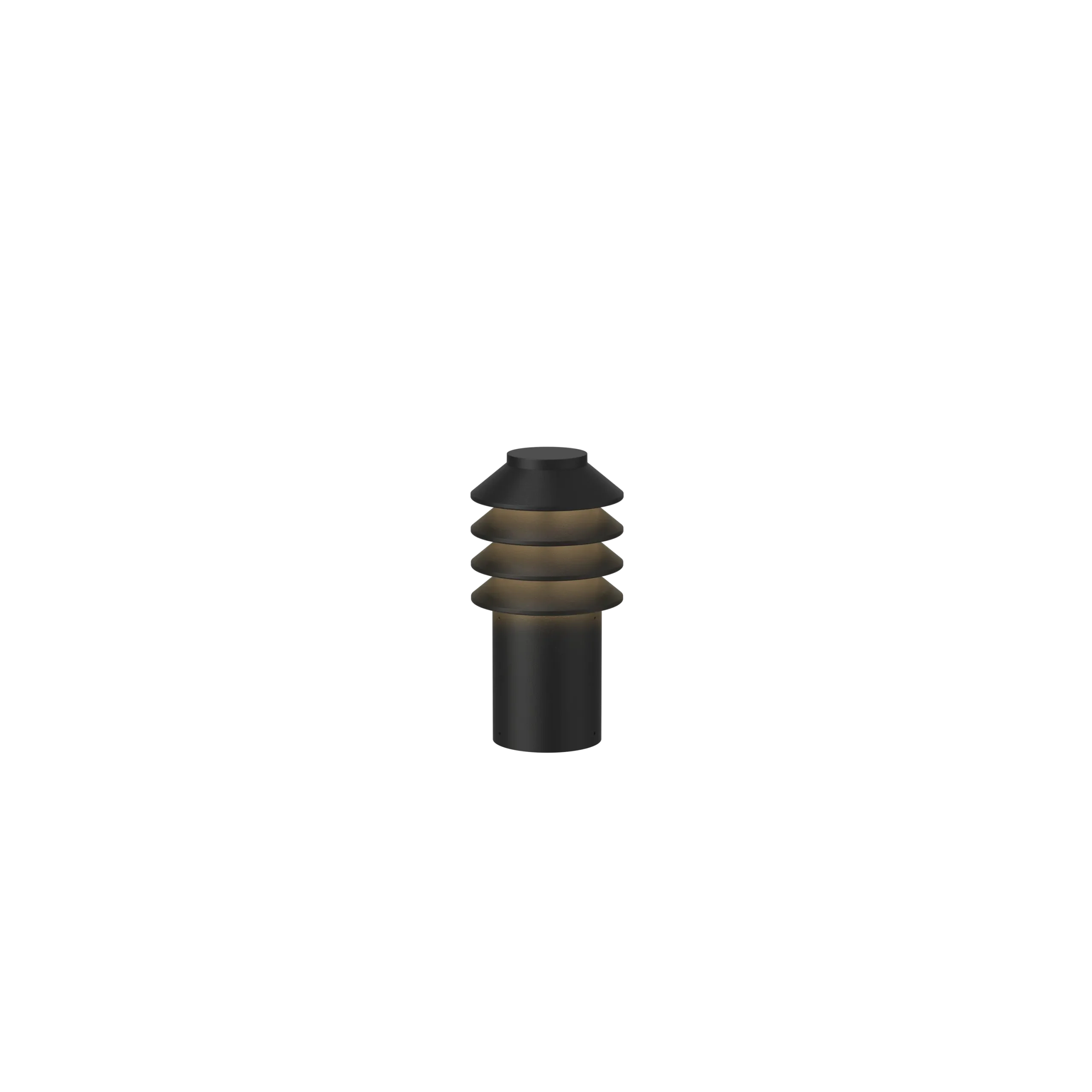 Louis Poulsen Bysted Garden outdoor bollard lamp in black, stacked horizontal louver shade tiers above a short cylindrical post with a ground mount flange, full product view.