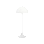 Louis Poulsen Panthella floor lamp in white, mushroom domed shade on a slim stem rising from a flared trumpet base, full length front view.