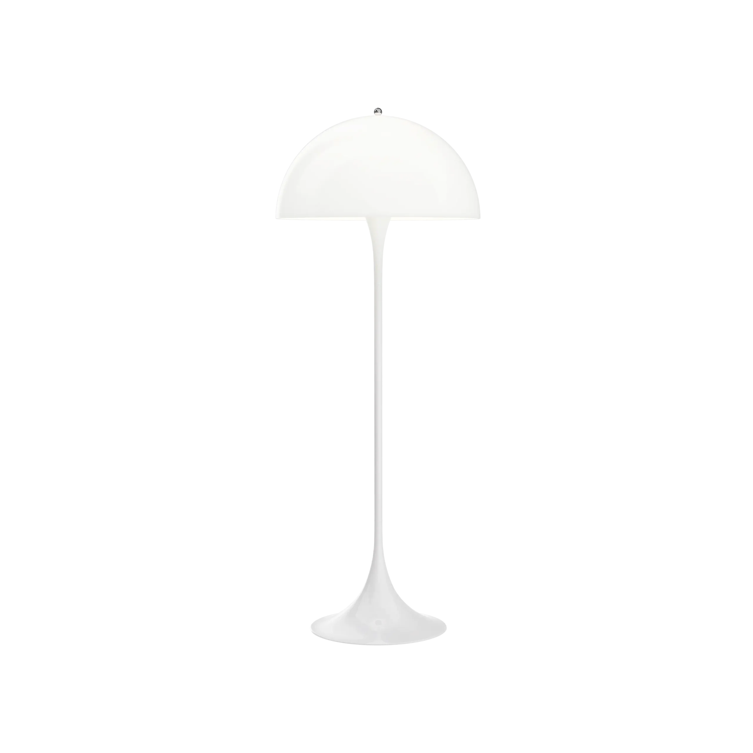 Louis Poulsen Panthella floor lamp in white, mushroom domed shade on a slim stem rising from a flared trumpet base, full length front view.