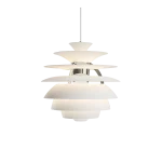 Louis Poulsen PH Snowball pendant lamp in white, spherical form composed of overlapping shade tiers, three quarter product view.