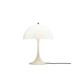 Louis Poulsen Panthella 320 table lamp, white opal mushroom shade on a slim cream stem rising from a flared trumpet base, full product view.
