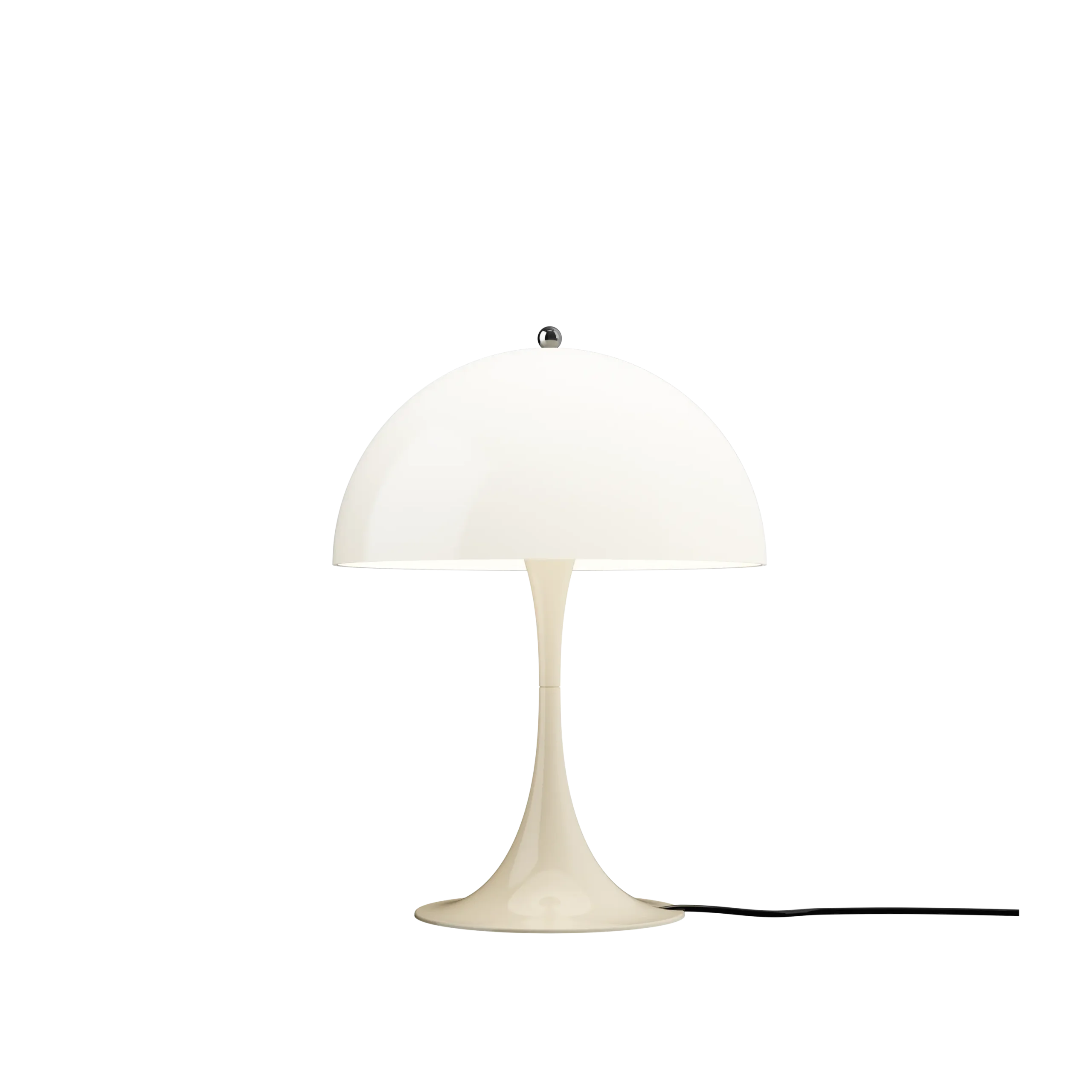 Louis Poulsen Panthella 320 table lamp, white opal mushroom shade on a slim cream stem rising from a flared trumpet base, full product view.