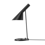 Louis Poulsen AJ table lamp in black, angled metal shade on a slim stem rising from a flat circular base with a teardrop cutout, three quarter product view.