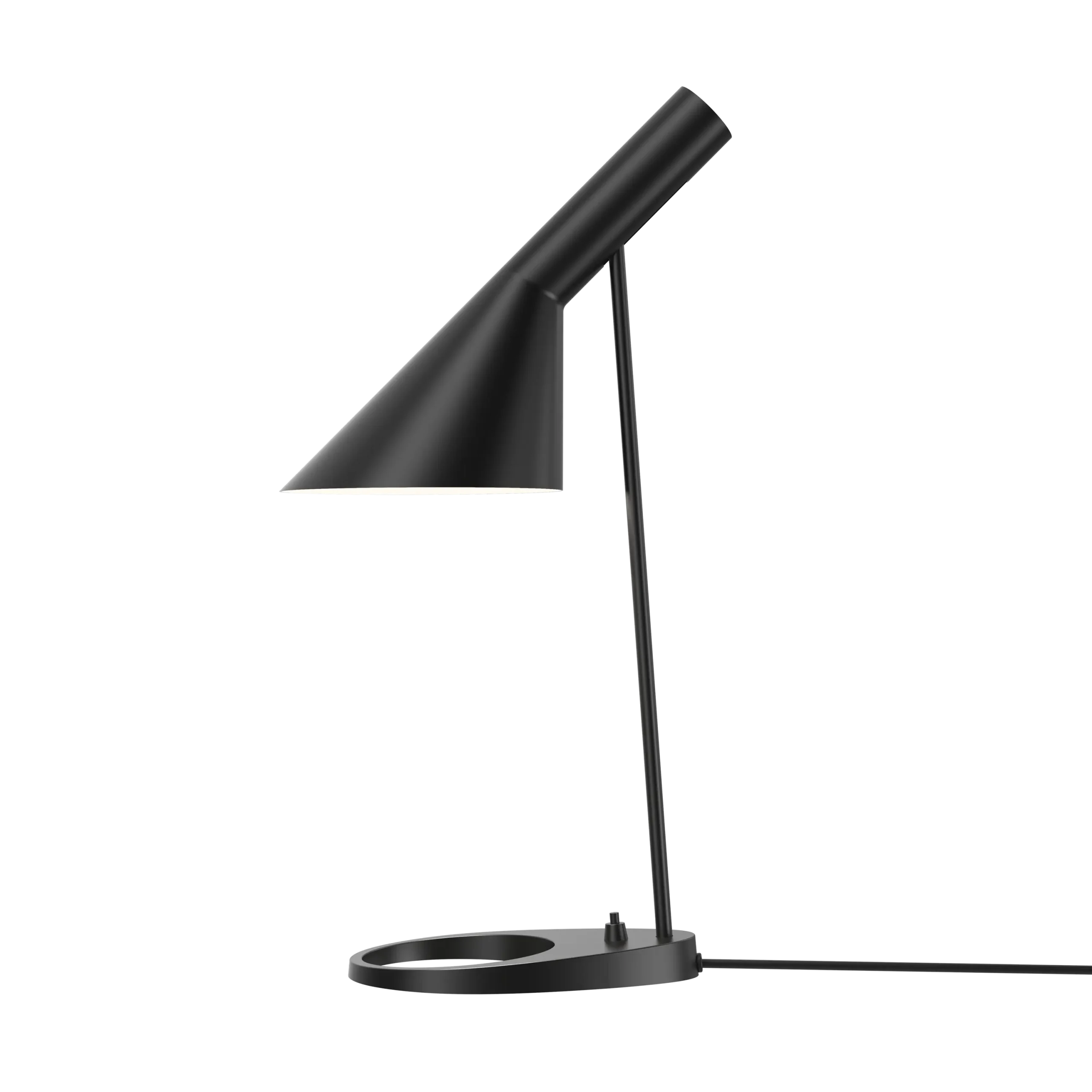 Louis Poulsen AJ table lamp in black, angled metal shade on a slim stem rising from a flat circular base with a teardrop cutout, three quarter product view.