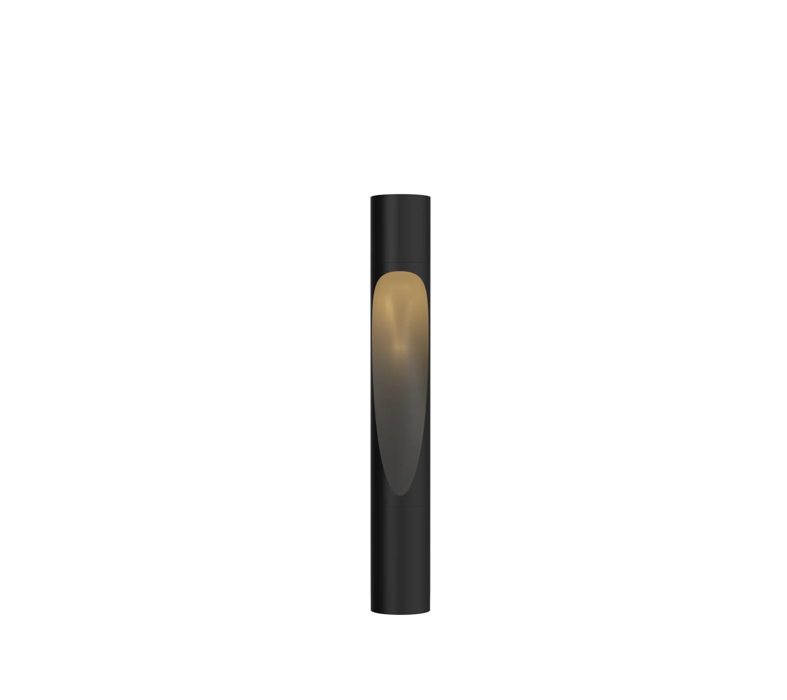 Louis Poulsen Flindt Bollard outdoor lamp in black, slim cylindrical post with an asymmetric teardrop shaped lens cutout on one side, full length front view.