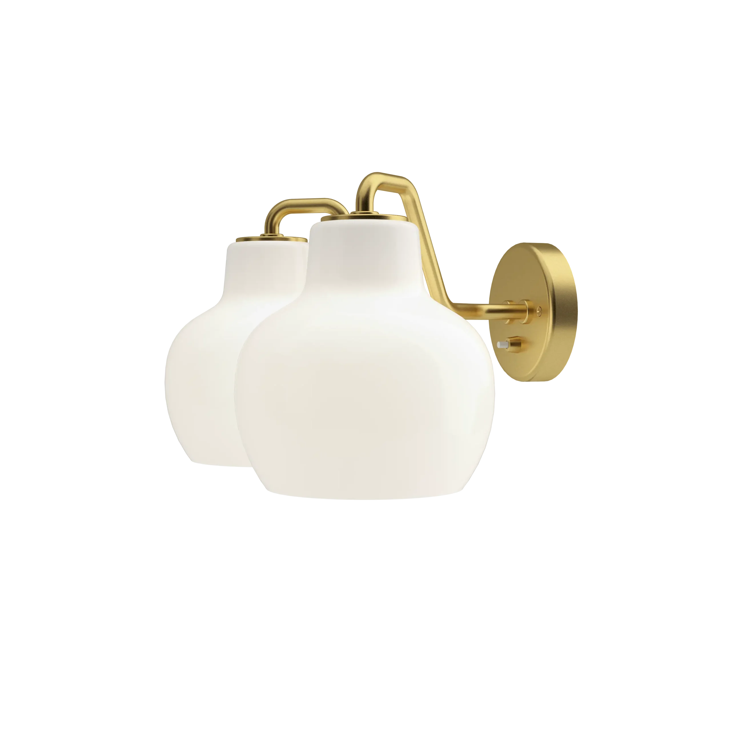 Louis Poulsen VL Ring Crown wall lamp, two bulbous opal glass shades with brass collars on brass arms from a circular brass wall plate, three quarter view.