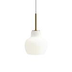 Louis Poulsen VL Ring Crown pendant lamp, bulbous opal glass shade with a brass collar suspended from a slim brass mast and grey fabric cord, frontal view.