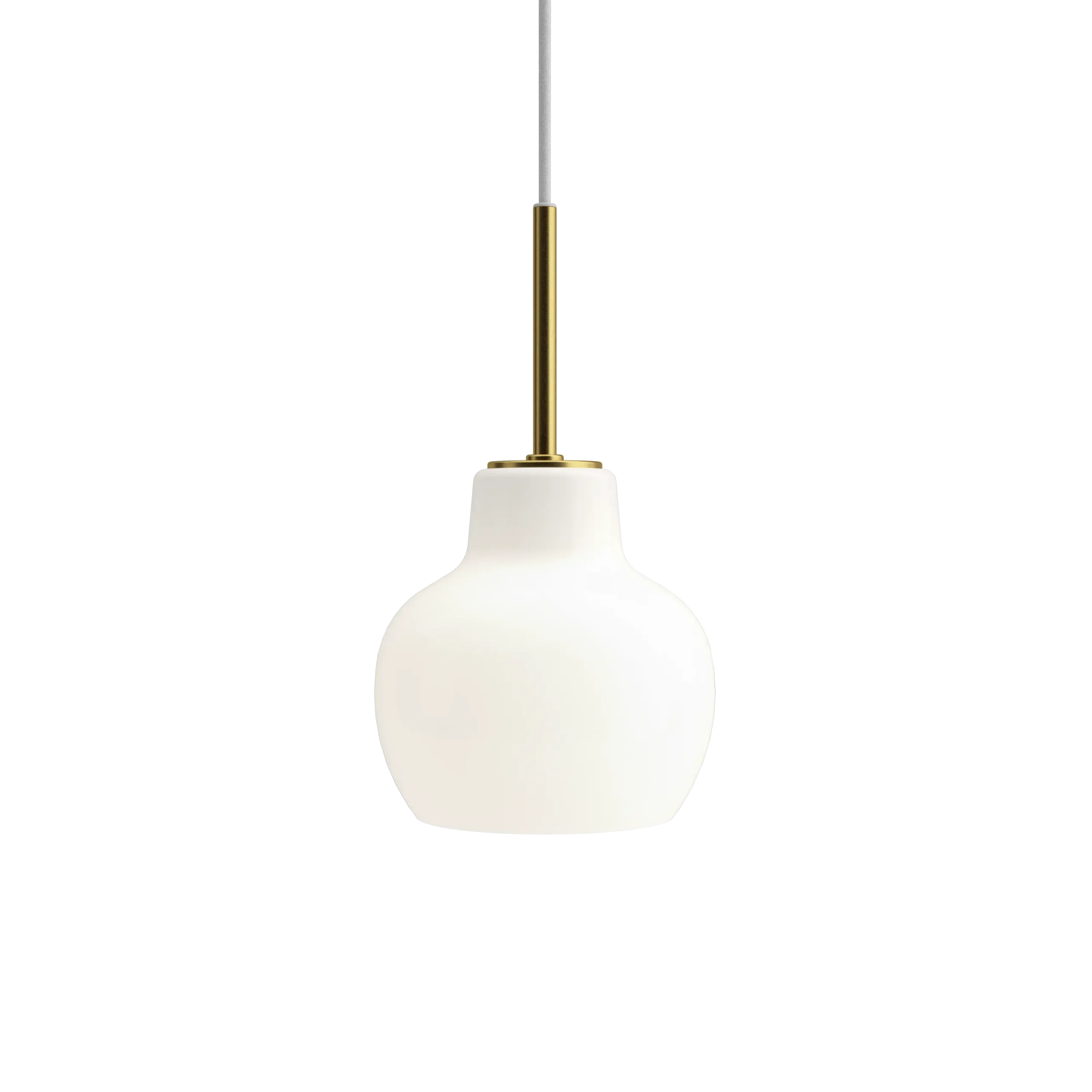 Louis Poulsen VL Ring Crown pendant lamp, bulbous opal glass shade with a brass collar suspended from a slim brass mast and grey fabric cord, frontal view.