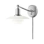Louis Poulsen PH 2/1 wall lamp, three tier white opal glass shade in the classic PH profile on a polished chrome arm and circular chrome wall plate, three quarter view.