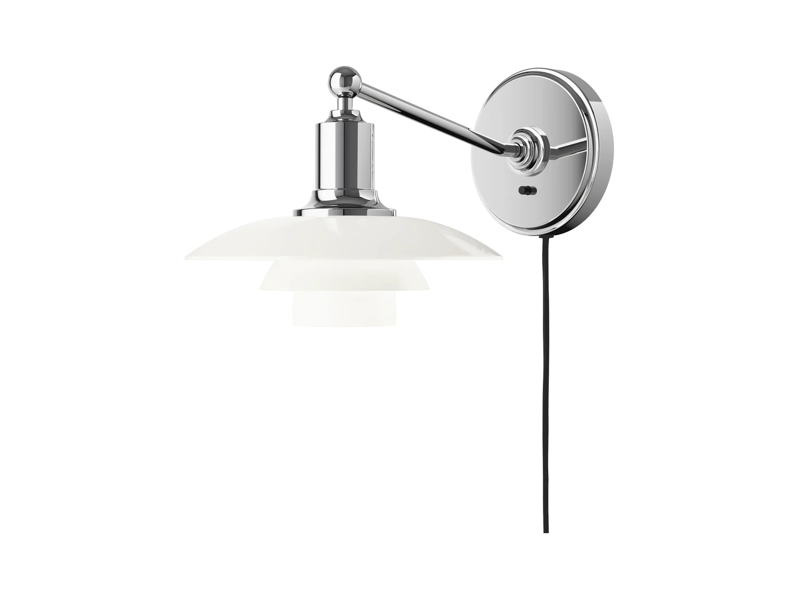 Louis Poulsen PH 2/1 wall lamp, three tier white opal glass shade in the classic PH profile on a polished chrome arm and circular chrome wall plate, three quarter view.