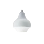 Louis Poulsen Cirque pendant lamp, stacked tiers in graduated gray to white tones forming a curved teardrop silhouette, side view.