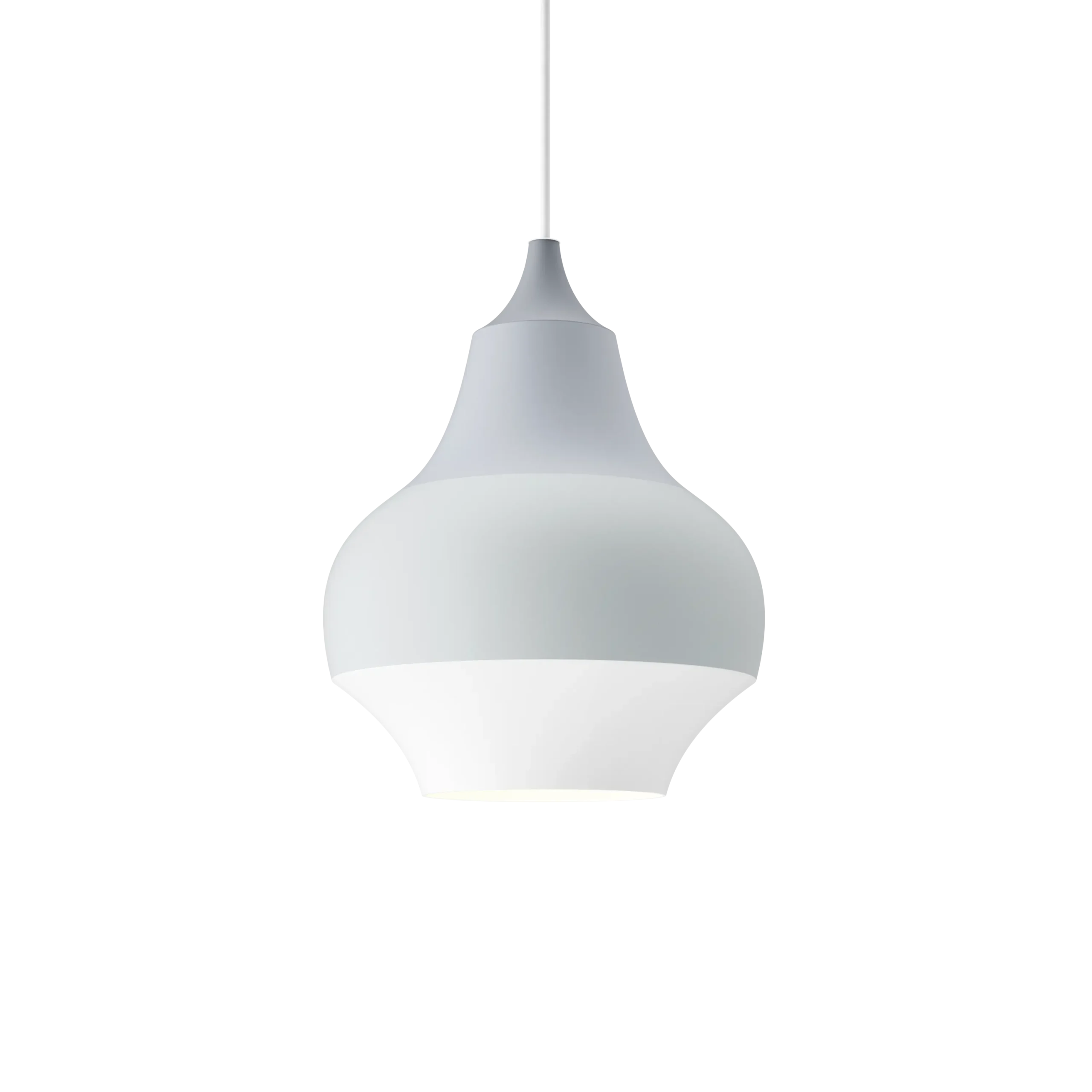 Louis Poulsen Cirque pendant lamp, stacked tiers in graduated gray to white tones forming a curved teardrop silhouette, side view.