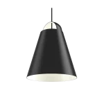 Louis Poulsen Above pendant lamp in black, truncated conical shade with a white diffuser visible above through the top opening, suspended from a black cord, frontal view.