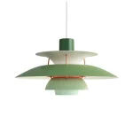 Louis Poulsen PH 5 pendant lamp in the Hues of Green colorway, layered metal shades with dark green top, cream, mid green, and pale green tiers, frontal view.