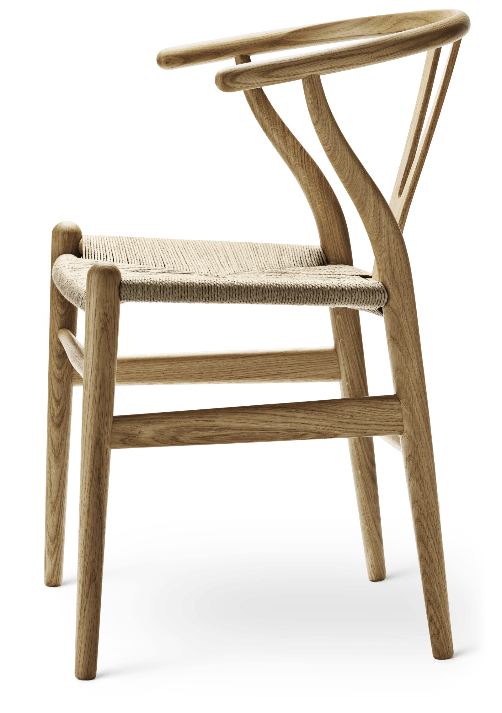 CH24 Wishbone Chair side view in oak, oil finish with natural papercord seat