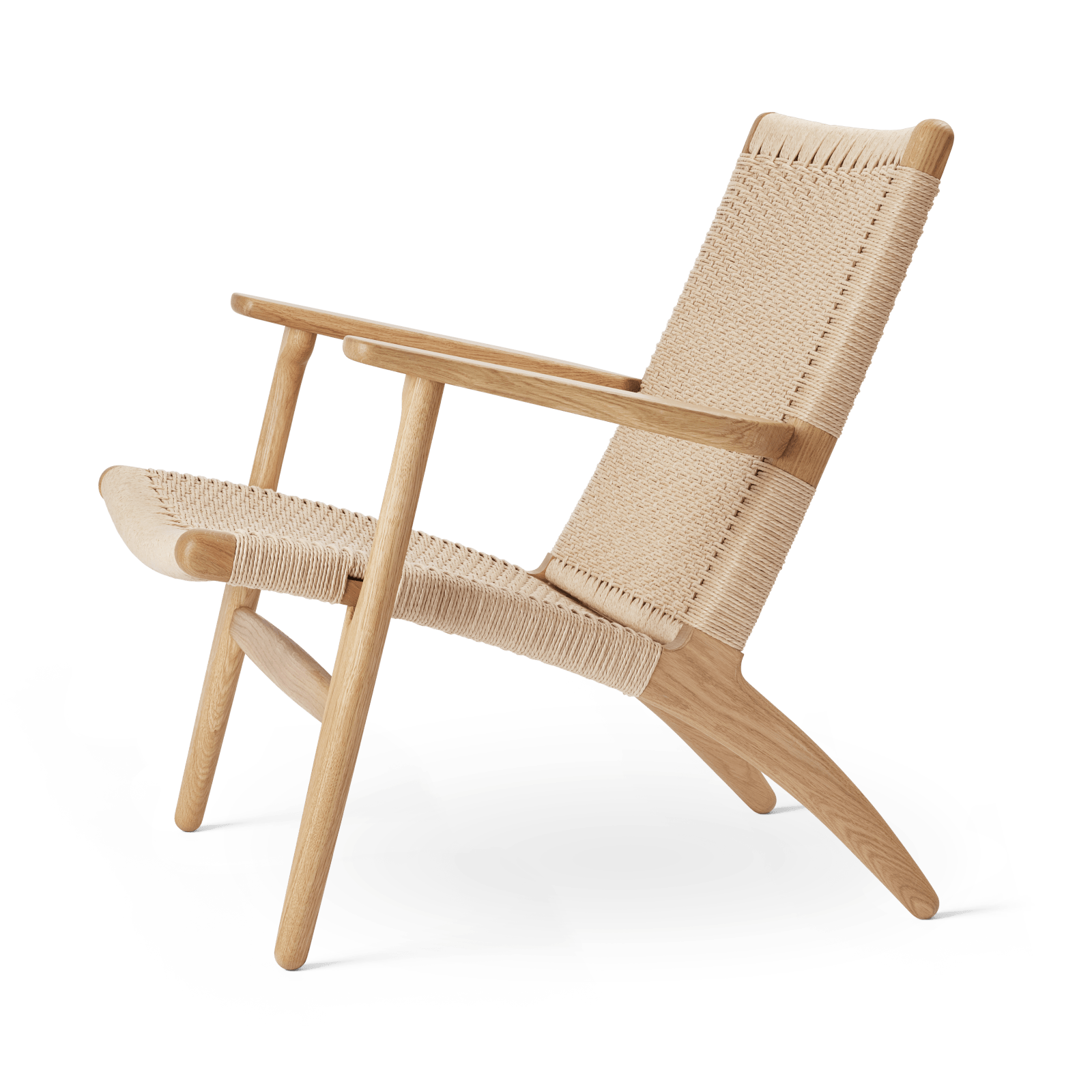 CH25 Lounge Chair side view in oiled oak with natural papercord seat