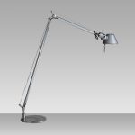 Artemide Tolomeo Reading floor lamp in polished aluminum, articulated arm with a smaller conical shade and pull cord on a circular floor base, full length view.