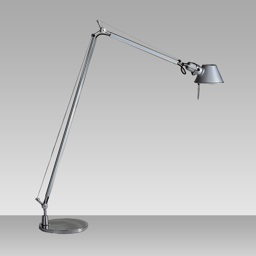 Artemide Tolomeo Reading floor lamp in polished aluminum, articulated arm with a smaller conical shade and pull cord on a circular floor base, full length view.