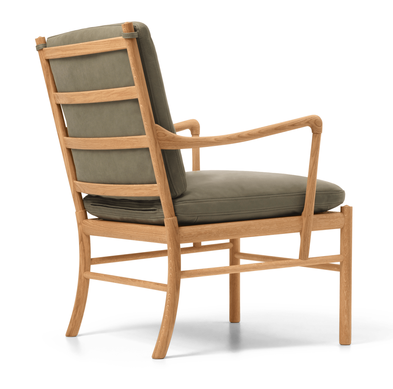 OW149 Colonial Chair side view in oiled oak with Jade upholstery by Ole Wanscher
